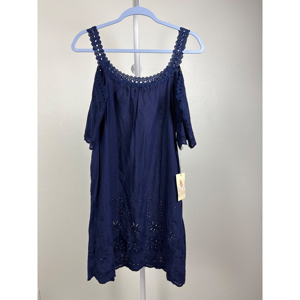 NWT Navy Eyelet Cotton Sleep Gown Nightgown Cold Shoulder Lounge Dress Small
